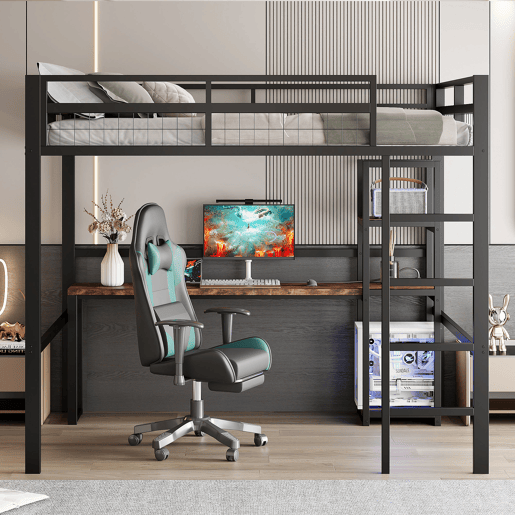 Cama alta 140x200cm - Estrutura metálica, prateleiras, secretária com tomada e USB tipo C, grade, escada, sem colchão - Preto