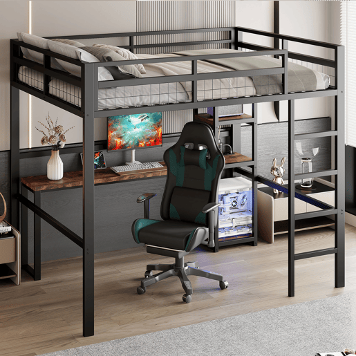Cama alta 140x200cm - Estrutura metálica, prateleiras, secretária com tomada e USB tipo C, grade, escada, sem colchão - Preto