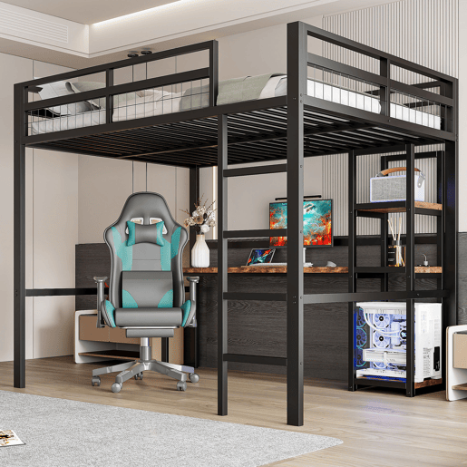 Cama alta 140x200cm - Estrutura metálica, prateleiras, secretária com tomada e USB tipo C, grade, escada, sem colchão - Preto