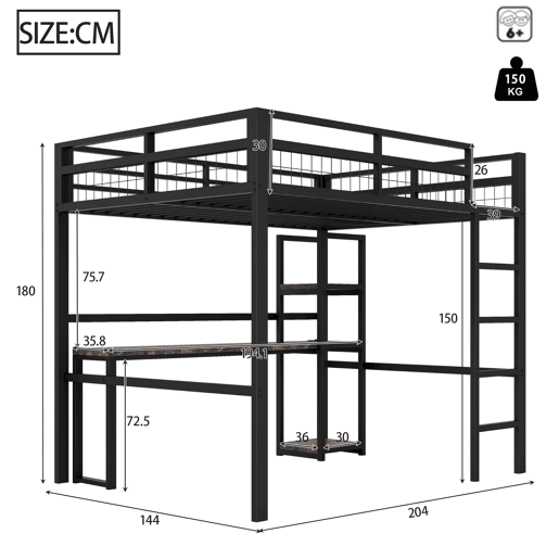 Cama alta 140x200cm - Estrutura metálica, prateleiras, secretária com tomada e USB tipo C, grade, escada, sem colchão - Preto