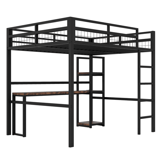 Cama alta 140x200cm - Estrutura metálica, prateleiras, secretária com tomada e USB tipo C, grade, escada, sem colchão - Preto