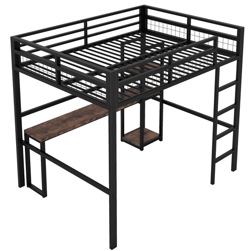 Cama alta 140x200cm - Estrutura metálica, prateleiras, secretária com tomada e USB tipo C, grade, escada, sem colchão - Preto