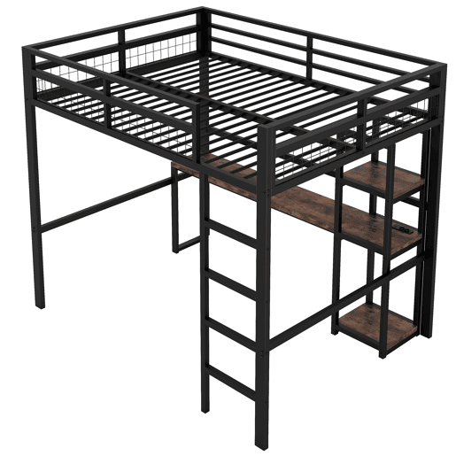 Cama alta 140x200cm - Estrutura metálica, prateleiras, secretária com tomada e USB tipo C, grade, escada, sem colchão - Preto