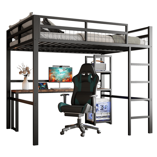 Cama alta 140x200cm - Estrutura metálica, prateleiras, secretária com tomada e USB tipo C, grade, escada, sem colchão - Preto
