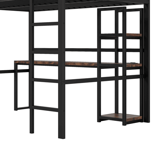 Cama alta 140x200cm - Estrutura metálica, prateleiras, secretária com tomada e USB tipo C, grade, escada, sem colchão - Preto