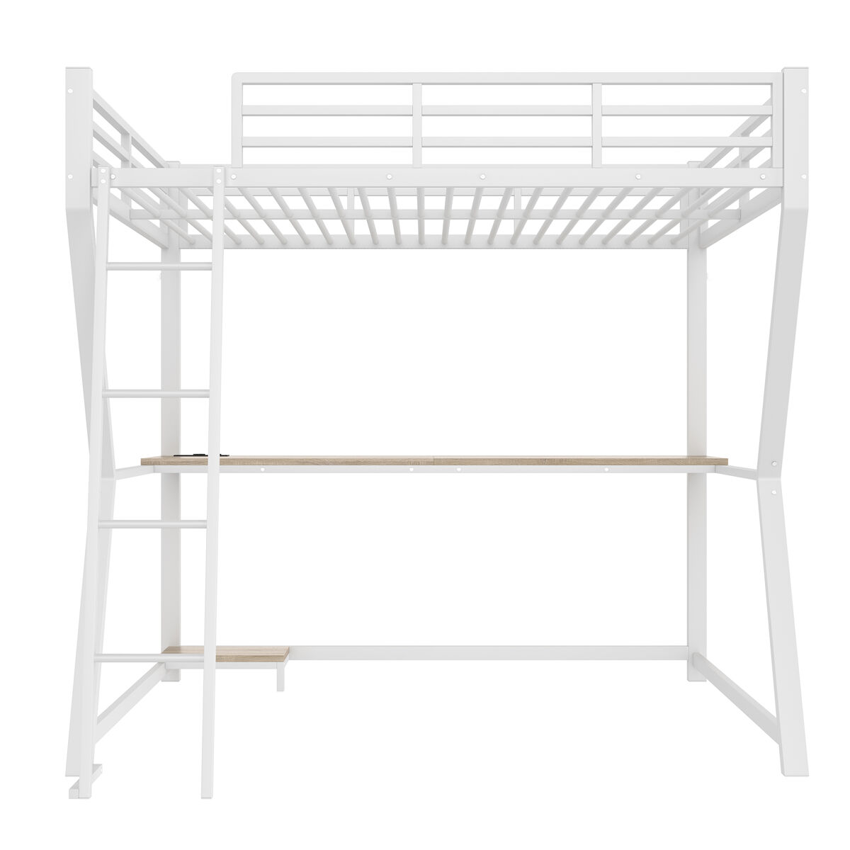 cama alta 140x200 cm - luces led soporte para consola escritorio enchufe y usb barandilla escalera sin colchon - blanco