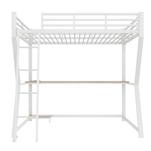 Cama alta 140x200 cm - luzes LED, suporte para consola, secretária, tomada e USB, grade, escada, sem colchão - branco