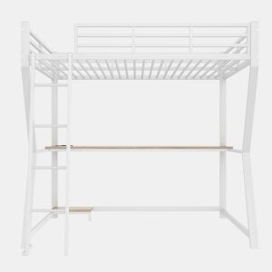 Cama alta 140x200 cm - luzes LED, suporte para consola, secretária, tomada e USB, grade, escada, sem colchão - branco