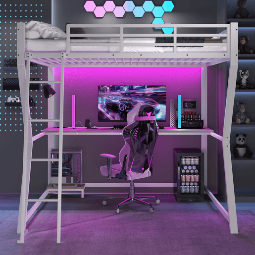 Cama alta 140x200 cm - luzes LED, suporte para consola, secretária, tomada e USB, grade, escada, sem colchão - branco