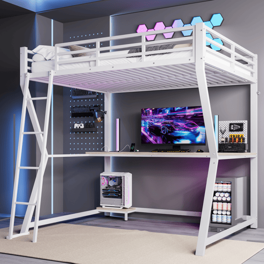Cama alta 140x200 cm - luzes LED, suporte para consola, secretária, tomada e USB, grade, escada, sem colchão - branco
