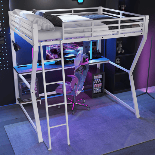 Cama alta 140x200 cm - luzes LED, suporte para consola, secretária, tomada e USB, grade, escada, sem colchão - branco