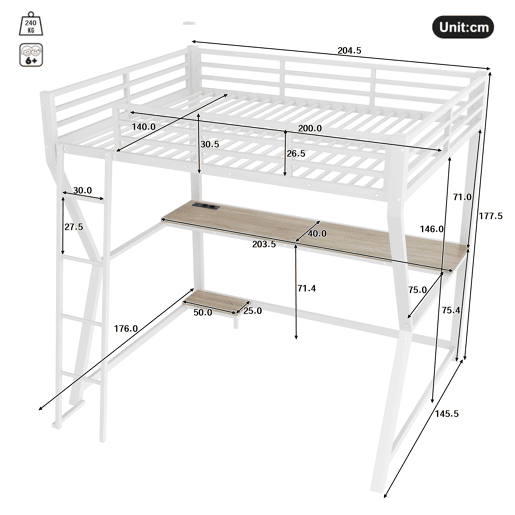 Cama alta 140x200 cm - luzes LED, suporte para consola, secretária, tomada e USB, grade, escada, sem colchão - branco
