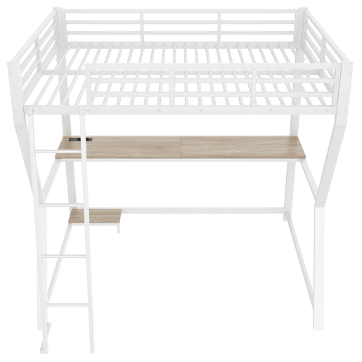 Cama alta 140x200 cm - luzes LED, suporte para consola, secretária, tomada e USB, grade, escada, sem colchão - branco