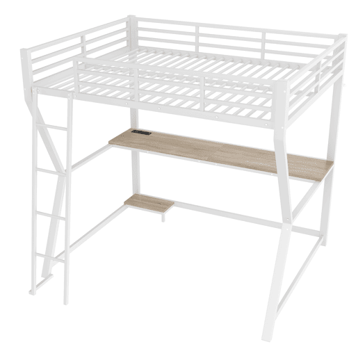 Cama alta 140x200 cm - luzes LED, suporte para consola, secretária, tomada e USB, grade, escada, sem colchão - branco