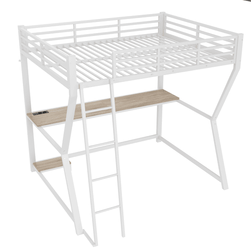Cama alta 140x200 cm - luzes LED, suporte para consola, secretária, tomada e USB, grade, escada, sem colchão - branco