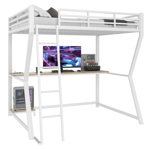 Cama alta 140x200 cm - luzes LED, suporte para consola, secretária, tomada e USB, grade, escada, sem colchão - branco