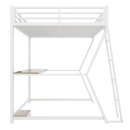 Cama alta 140x200 cm - luzes LED, suporte para consola, secretária, tomada e USB, grade, escada, sem colchão - branco