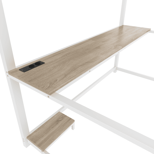 Cama alta 140x200 cm - luzes LED, suporte para consola, secretária, tomada e USB, grade, escada, sem colchão - branco