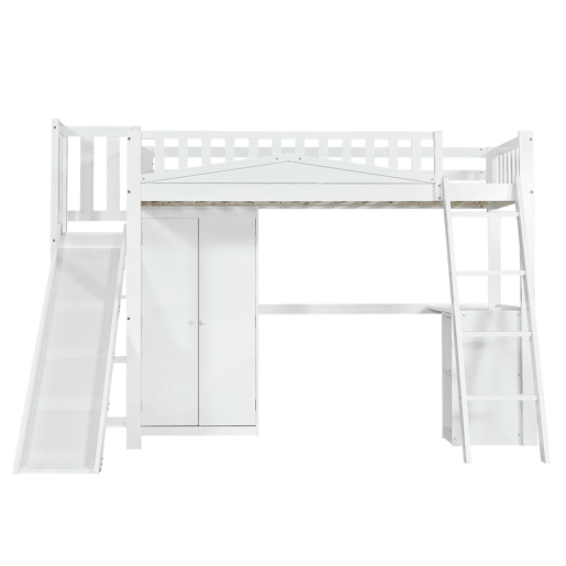 Cama alta de madeira 90x200 cm - com secretária + roupeiro + escorrega - Branco