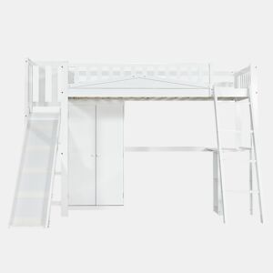 Cama alta de madeira 90x200 cm - com secretária + roupeiro + escorrega - Branco