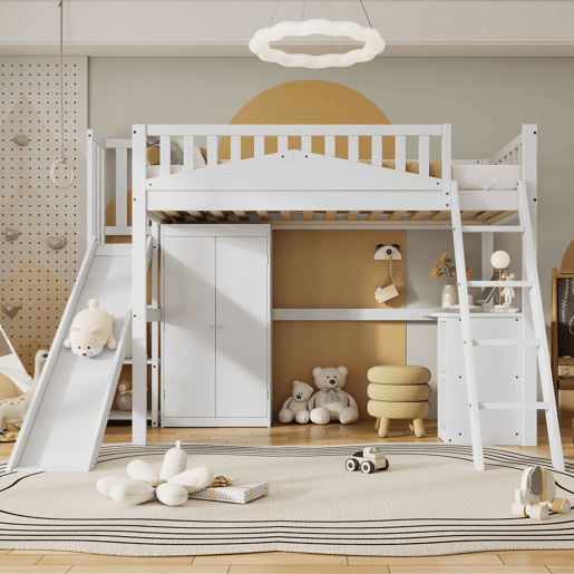 Cama alta de madeira 90x200 cm - com secretária + roupeiro + escorrega - Branco