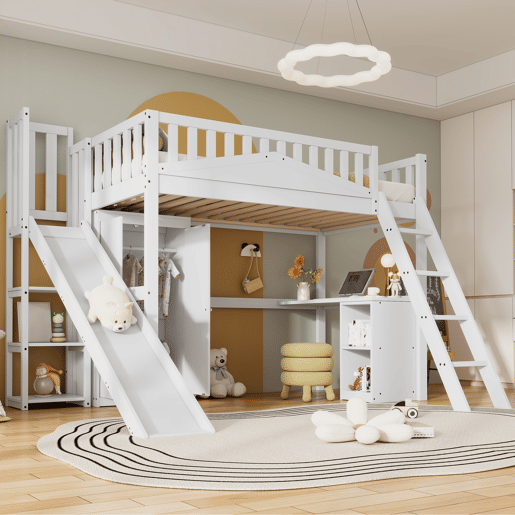 Cama alta de madeira 90x200 cm - com secretária + roupeiro + escorrega - Branco