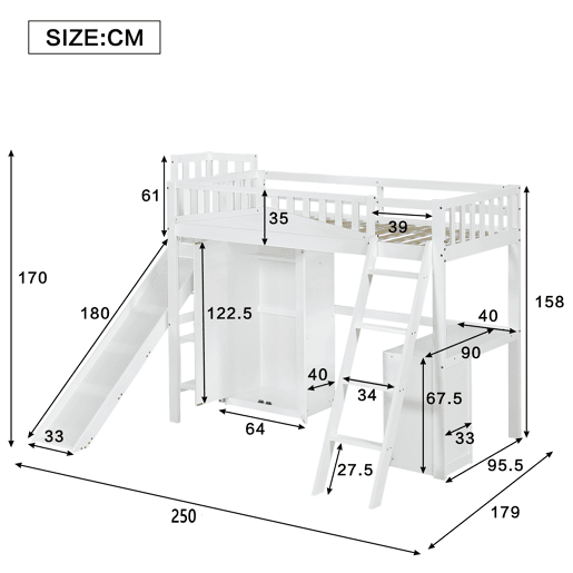 Cama alta de madeira 90x200 cm - com secretária + roupeiro + escorrega - Branco