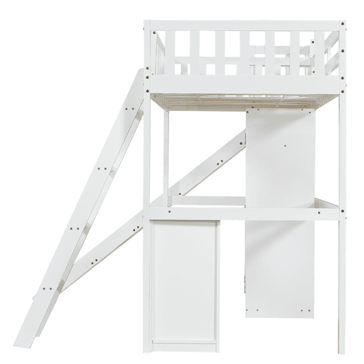 Cama alta de madeira 90x200 cm - com secretária + roupeiro + escorrega - Branco