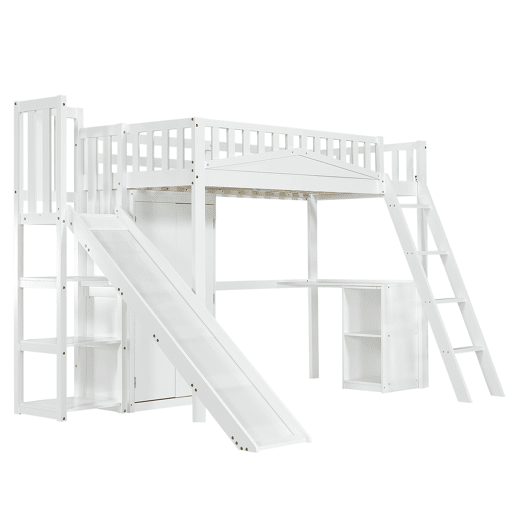 Cama alta de madeira 90x200 cm - com secretária + roupeiro + escorrega - Branco