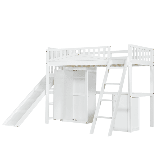 Cama alta de madeira 90x200 cm - com secretária + roupeiro + escorrega - Branco