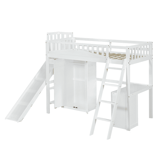 Cama alta de madeira 90x200 cm - com secretária + roupeiro + escorrega - Branco