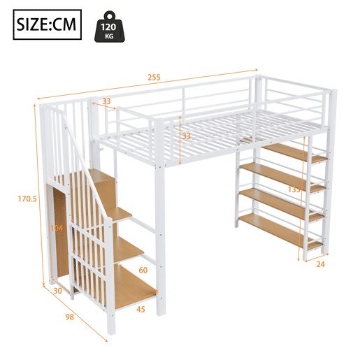 Cama alta 90*200 cm - Com escada de segurança, arrumação, pequeno armário, prateleiras, design com cerca alta - Branco Cama alta 90*200 cm - Com escada de segurança, arrumação, pequeno armário, prateleiras, design com cerca alta - Branco