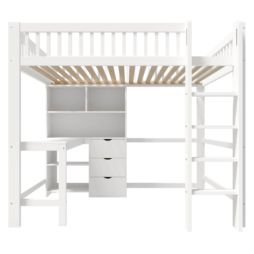 Cama alta 140x200 cm - Estante, escada, secretária, 3 gavetas - Branco Cama alta 140x200 cm - Estante, escada, secretária, 3 gavetas - Branco