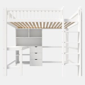 Cama alta 140x200 cm - Estante, escada, secretária, 3 gavetas - Branco