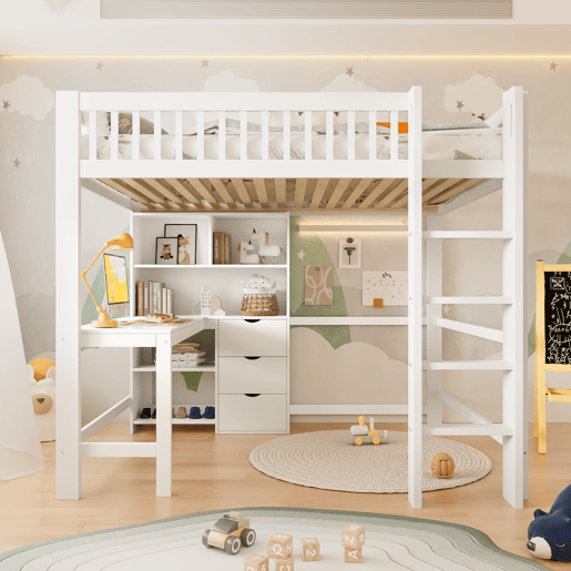 Cama alta 140x200 cm - Estante, escada, secretária, 3 gavetas - Branco Cama alta 140x200 cm - Estante, escada, secretária, 3 gavetas - Branco