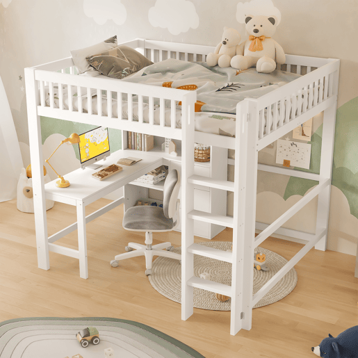 Cama alta 140x200 cm - Estante, escada, secretária, 3 gavetas - Branco Cama alta 140x200 cm - Estante, escada, secretária, 3 gavetas - Branco