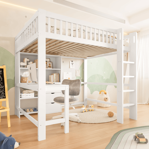 Cama alta 140x200 cm - Estante, escada, secretária, 3 gavetas - Branco Cama alta 140x200 cm - Estante, escada, secretária, 3 gavetas - Branco