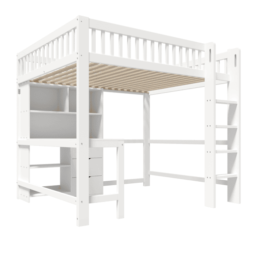 Cama alta 140x200 cm - Estante, escada, secretária, 3 gavetas - Branco Cama alta 140x200 cm - Estante, escada, secretária, 3 gavetas - Branco