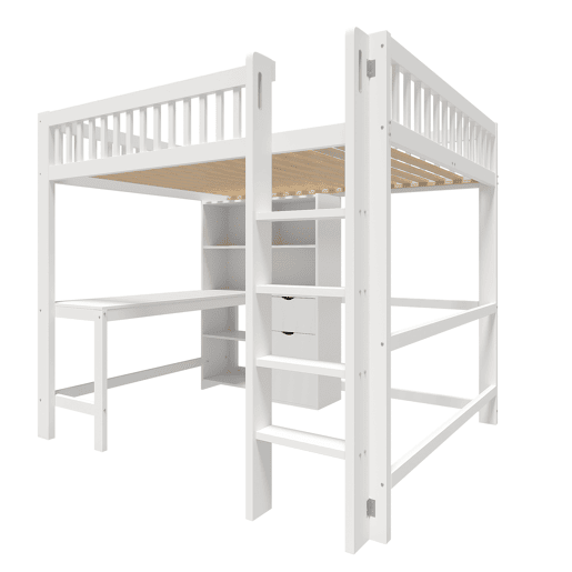 Cama alta 140x200 cm - Estante, escada, secretária, 3 gavetas - Branco Cama alta 140x200 cm - Estante, escada, secretária, 3 gavetas - Branco