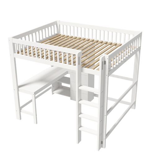 Cama alta 140x200 cm - Estante, escada, secretária, 3 gavetas - Branco Cama alta 140x200 cm - Estante, escada, secretária, 3 gavetas - Branco