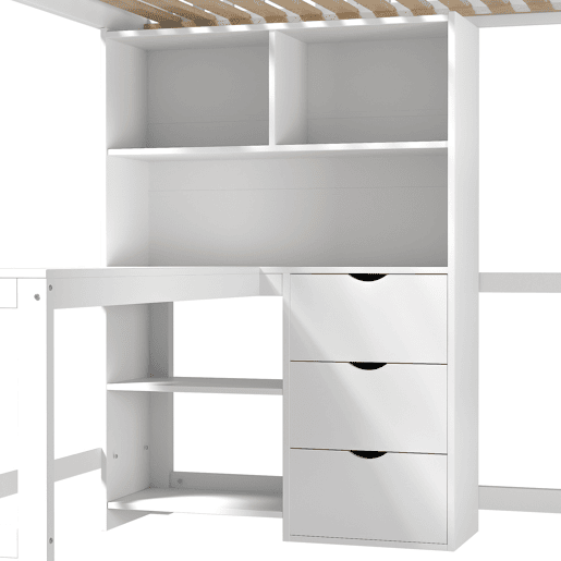 Cama alta 140x200 cm - Estante, escada, secretária, 3 gavetas - Branco Cama alta 140x200 cm - Estante, escada, secretária, 3 gavetas - Branco