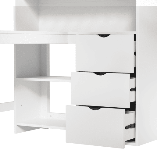 Cama alta 140x200 cm - Estante, escada, secretária, 3 gavetas - Branco Cama alta 140x200 cm - Estante, escada, secretária, 3 gavetas - Branco