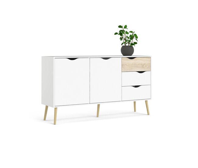 Tajo aparador 2 puertas y 3 cajones roble patinado y blanco 148x40x82 cm / mueble auxiliar para salón y comedor con diseño contemporáneo