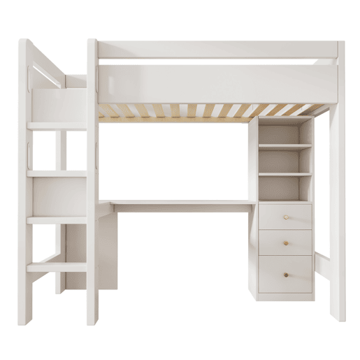 Cama alta 90x200 cm - Com secretária em L, prateleiras, gavetas e área de carregamento USBType-C - Branco