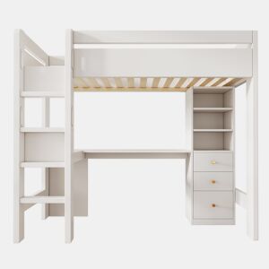 Cama alta 90x200 cm - Com secretária em L, prateleiras, gavetas e área de carregamento USBType-C - Branco