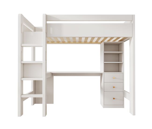 Cama alta 90x200 cm - con escritorio en l, estantes, cajones y área de carga usb/type-c - blanco