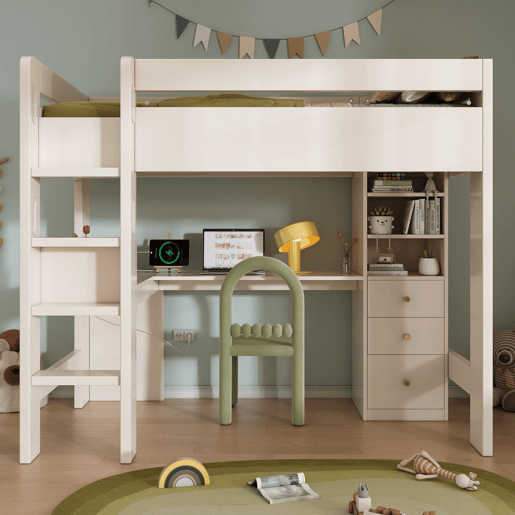 Cama alta 90x200 cm - Com secretária em L, prateleiras, gavetas e área de carregamento USBType-C - Branco