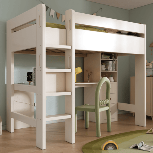 Cama alta 90x200 cm - Com secretária em L, prateleiras, gavetas e área de carregamento USBType-C - Branco