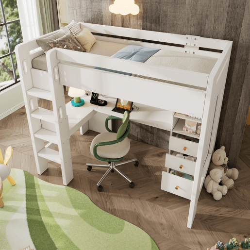 Cama alta 90x200 cm - Com secretária em L, prateleiras, gavetas e área de carregamento USBType-C - Branco