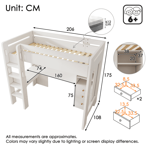 Cama alta 90x200 cm - Com secretária em L, prateleiras, gavetas e área de carregamento USBType-C - Branco
